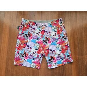 New Hreski Shorts Mens Size 38 Red Pink Skulls Roses Golf Flat Front Chino